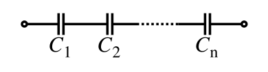 A diagram of several capacitors, connected end to end, with the same amount of current going through each.